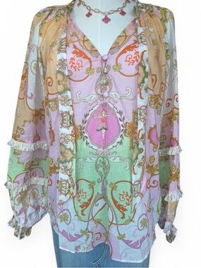 Hale Bob Sheer Cotton Boho Blouse XS Pink Multi Print Tassel Fringe Sleeve NWT